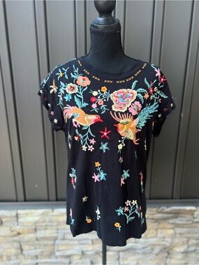 Embroidered Floral & Bird Black Women's Top